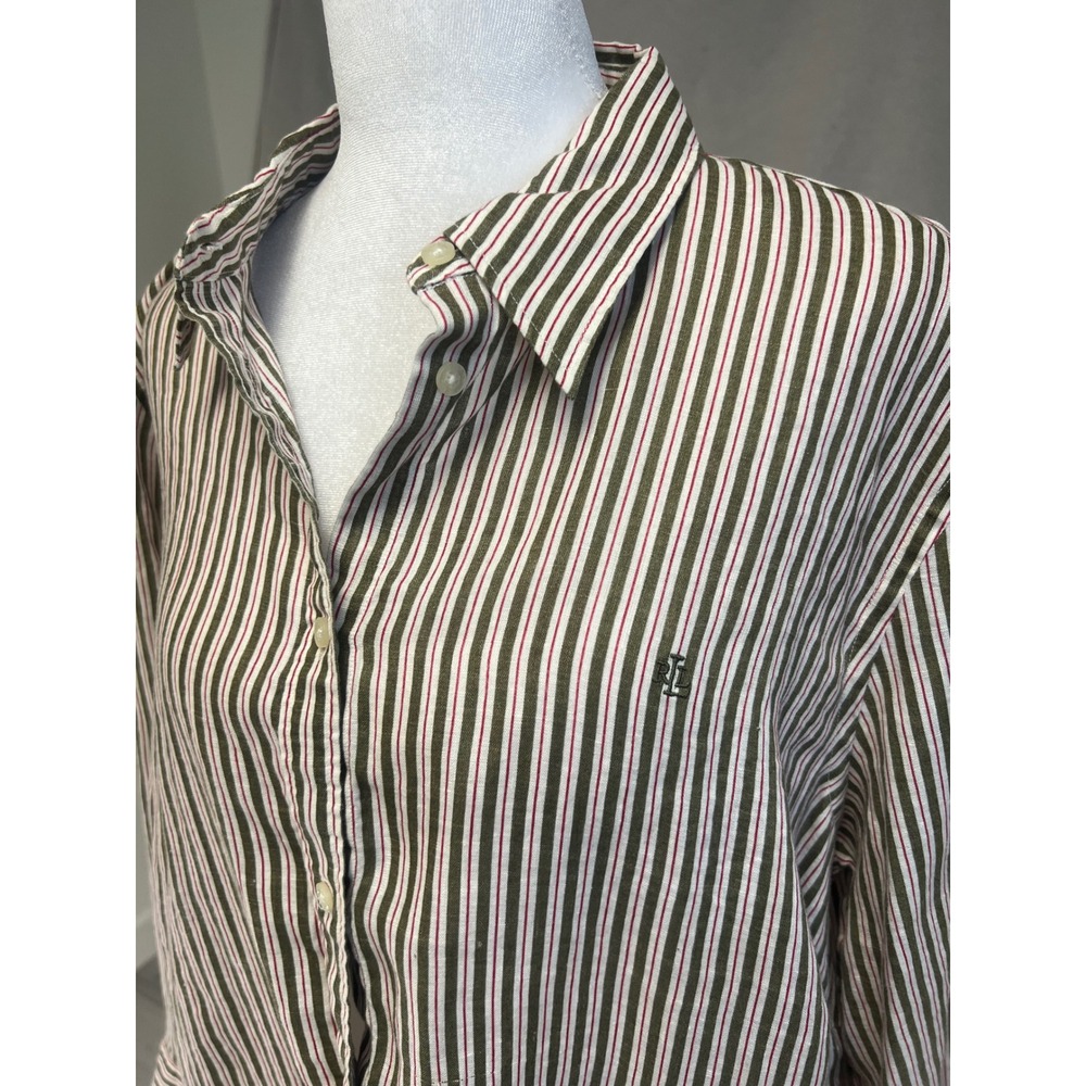Lauren Ralph Lauren Linen Button Down Shirt Striped Green White Red Sz 2X Preppy - Picture 3 of 9
